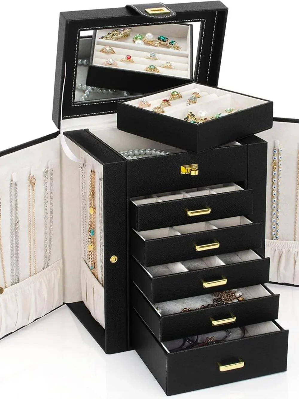 Elegant 6-Tier Leather Jewelry Organizer with Mirror
